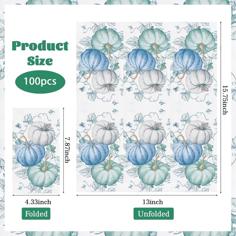 Grencian 100Pcs Fall Napkins Thanksgiving Napkins 3 Ply Blue White Pumpkin Guest Napkin Disposable Hand Towels for Bathroom Kitchen Dinner Napkin for Fall Wedding Baby Shower Thanksgiving Party - Image 3